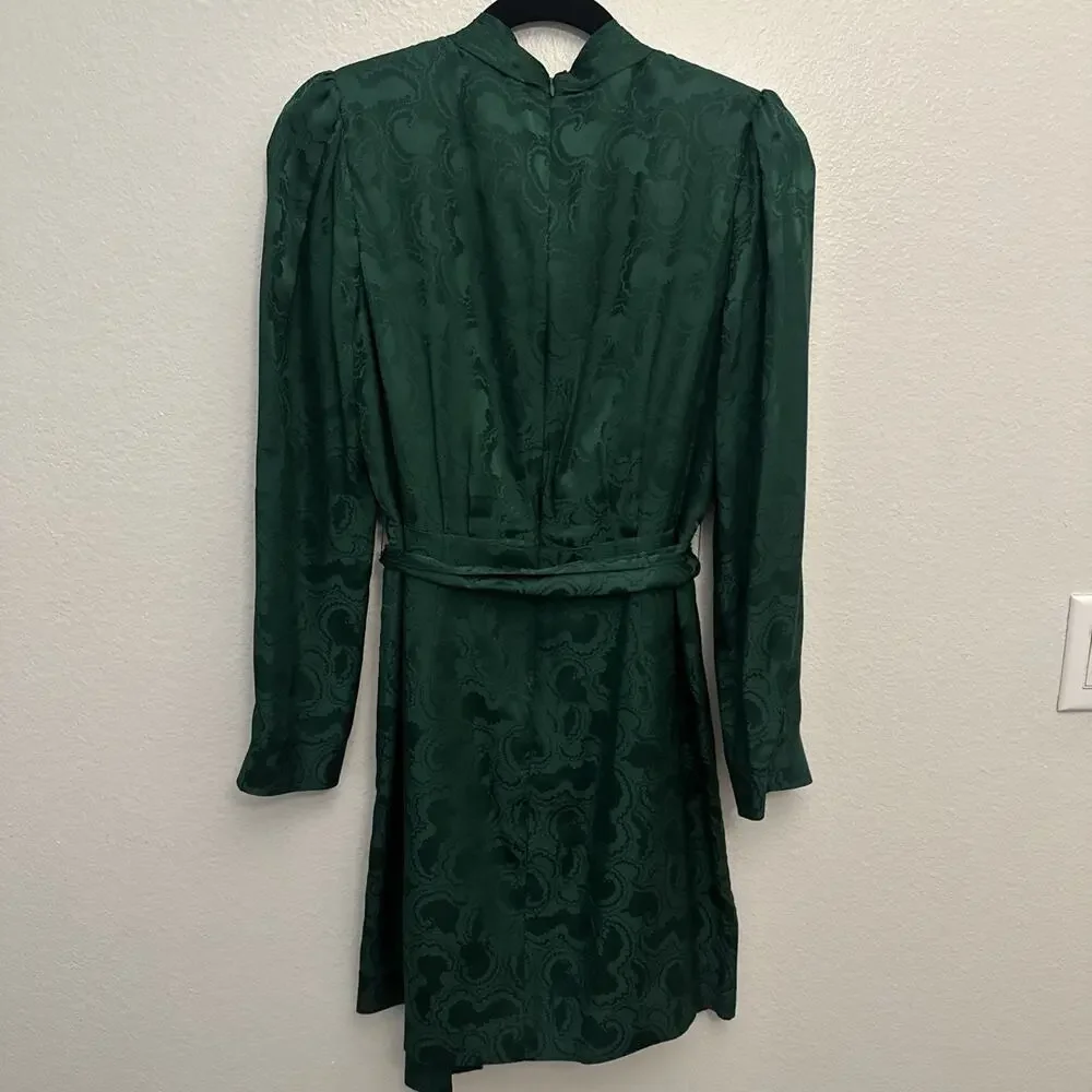 Saloni Bibi Mini Dress Green Silk Jacquard Long Sleeve Faux Wrap US 6 - Picture 4 of 14